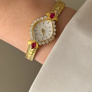 Elegant 18k Gold Plated Diamond Bracelet Watch With Genuine Pink Rubies